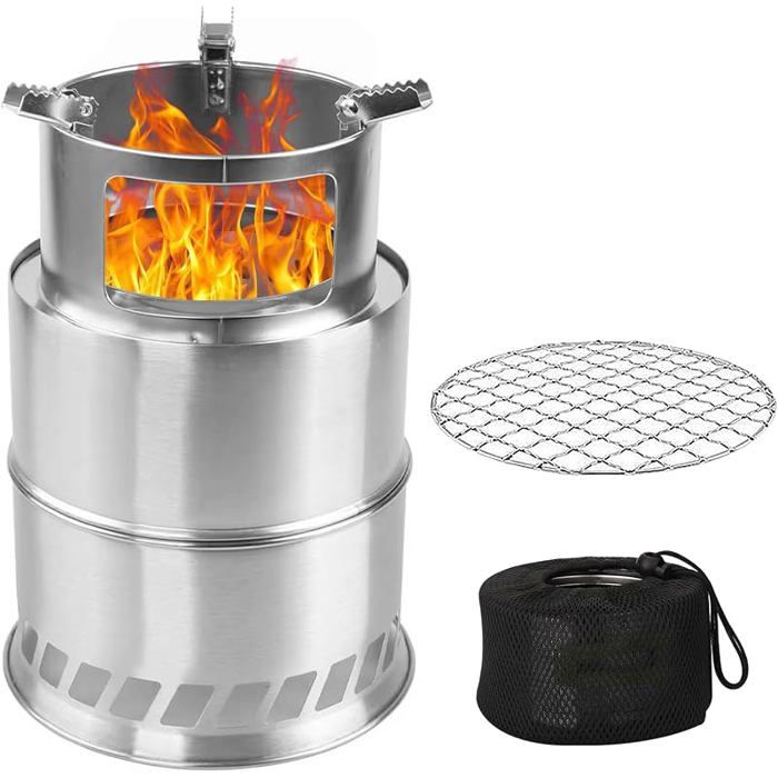 Poêle à bois portable camping avec pque en filet de barbecue réchaud Hobo en acier inoxydable réchaud de camping avec sac de