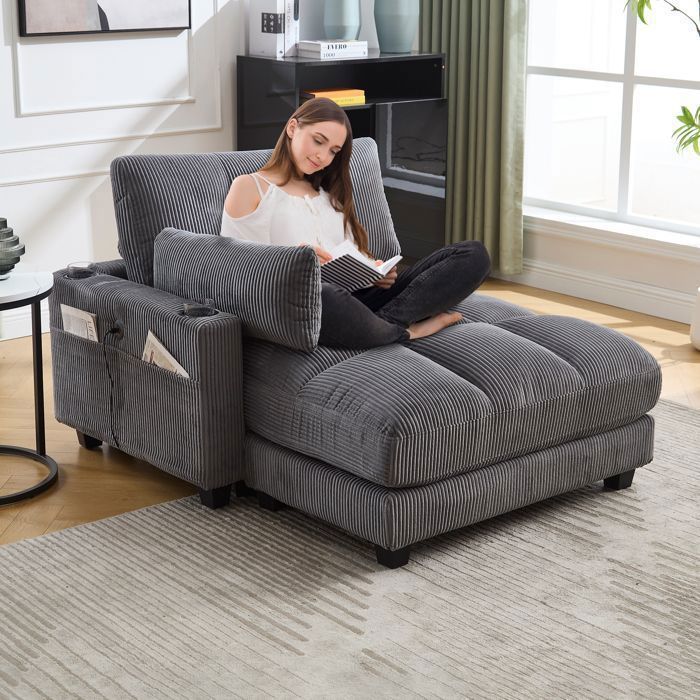 Fauteuil 1 place 140x112x81 cm en velours côtelé avec 2 porte-gobelets port USB poche latérale et appuie-tête réglable - Gris