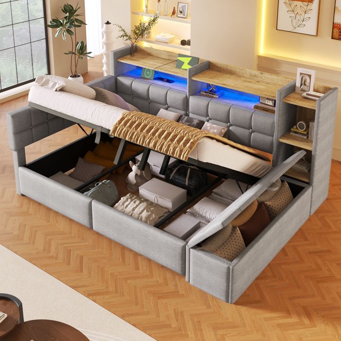 Canapé lit 140x200 velours gris avec LED hydraulique USB-C banquette rangement et sommier