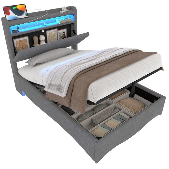 Lit rembourré avec rangement 90 x 200 cm lin gris LED hydraulique étagères USB/Type-C sans matelas