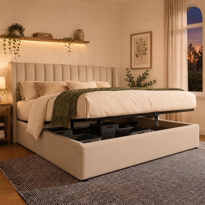 Lit Coffre 160x200cm avec Sommier - Lit Adulte avec Rangement Hydraulique Intégré - Lit Capitonné Double - 2 Personnes - Lin - Beige