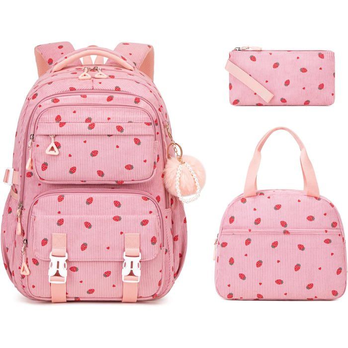 XJYDNCG 3Pcs Cartable Fille PrimaireSac à Dos ScolaireCartable Adolescent Léger Étanche Multi‑poches pour Collège Lycée - Rose