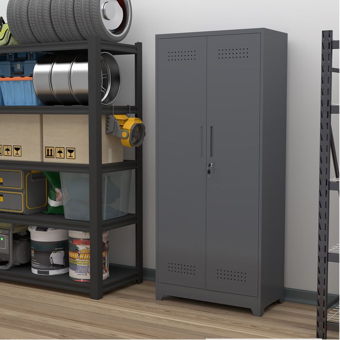 Armoire métallique de rangement avec serrure 3 étagères réglables tringle et crochets S 165x60x40 cm gris JOINERY