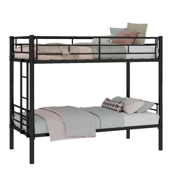 Lit superposé en métal 90x190 cm noir convertible en 2 lits simples avec échelle et barrières de sécurité - Noir