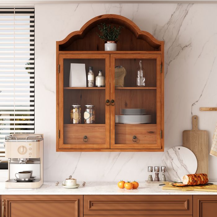 Maisentiel armoire murale rétro marron 60 x 22 x 76 5 cm en bois et verre trempé avec 2 portes vitrées et 2 tiroirs