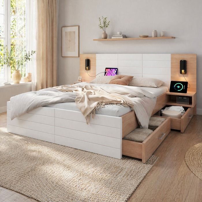 Lit double 160x200 avec sommier 2 tiroirs 2 tables de chevet tête de lit avec lampe et USB bois MDF FOLYNA