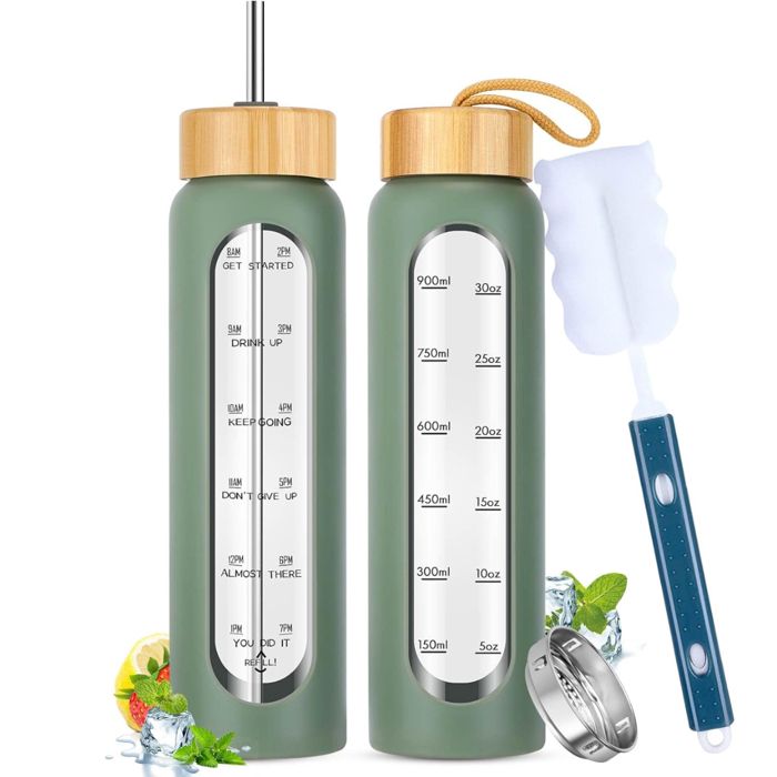 Bouteille deau de 1000ml bouteille en verre incassable double - Lazozo - couvercle couvercle en bambou et marqueurs de temps pour