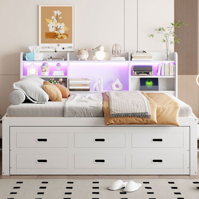 Lit combiné 140x200 cm blanc avec lit gigogne 3 tiroirs étagères de tête LED USB et Type-C ORVRYN