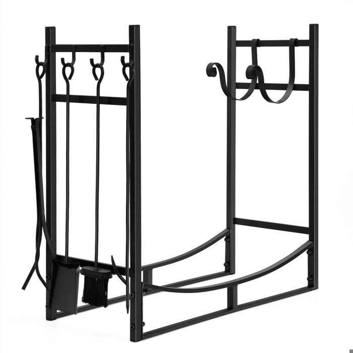 30 Pouces Range-Bûches Métal pour Stockage Bois de Chauffage avec 4 Outils et Porte-Petit Bois Cheminée
