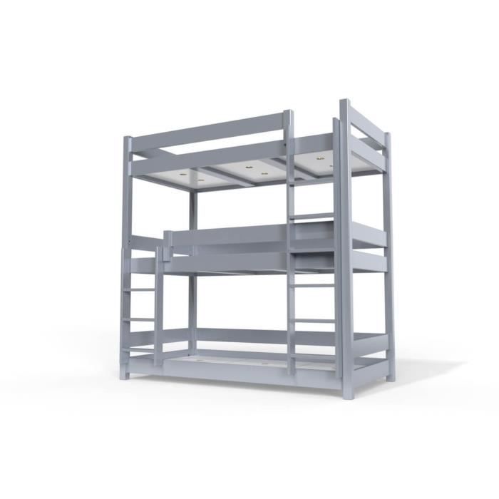 lit superposé abc 3 places en bois massif 90x190 gris aluminium - abc meubles - a grilles - enfant