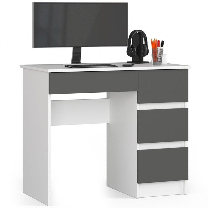 Bureau dordinateur AKORD droit A7 Blanc 90 cm 4 tiroirs façade Gris Graphite 90x50x77 cm