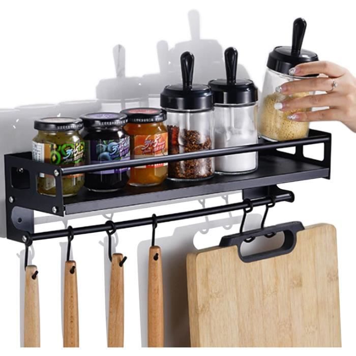 Étagère Épices Murale Aluminium 50cm Avec Crochets - Support Cuisine Sans Perçage