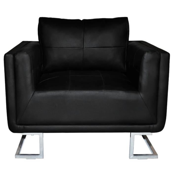 Fauteuil cube noir en simili cuir avec pieds chromés - QIM - design moderne et ergonomique