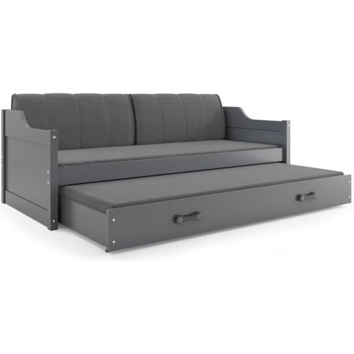 Lit Gigogne David 200x90 Gris Gris Avec Sommiers Et Matelas