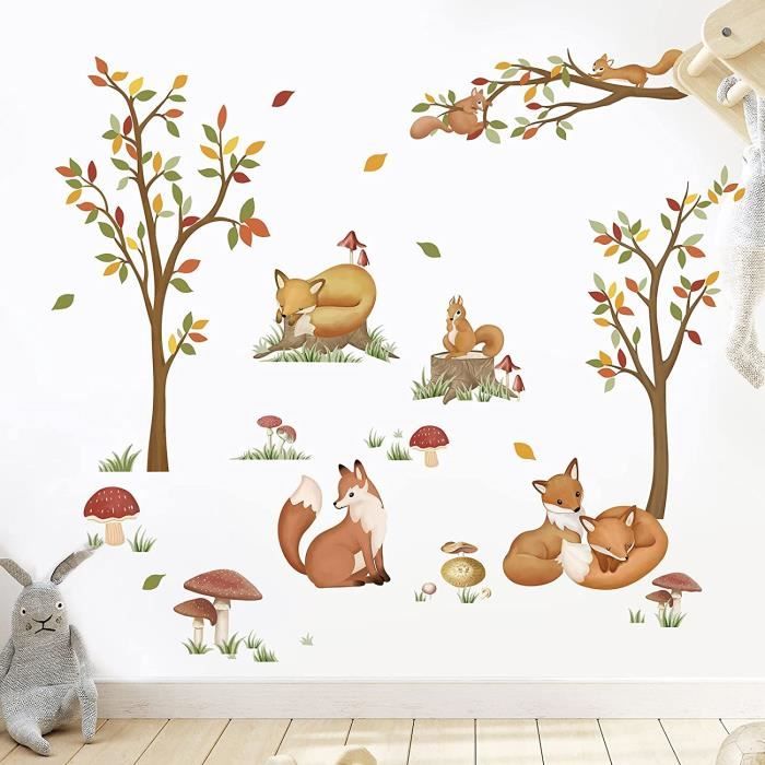 Wondever Stickers Muraux Animaux Forêt Arbre Grand Autocollants Muraux Mural Stickers Ours Cerf Renard Arbre Pin Pour Chambre Enfants Bébé Pépinière Salon