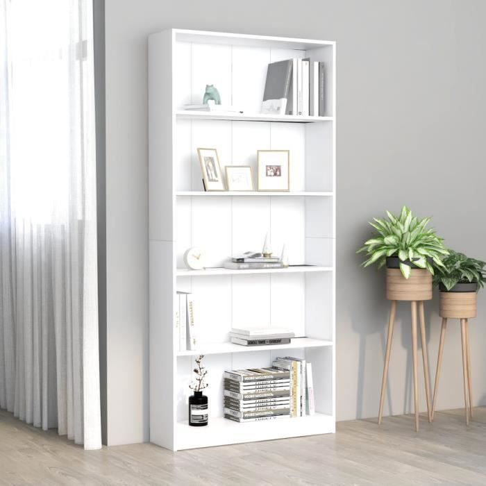 Chez Barry Bibliothèque à 5 niveaux Blanc 80x24x175 cm Aggloméré Étagèreses Armoires de Rangement®WHMBOI®