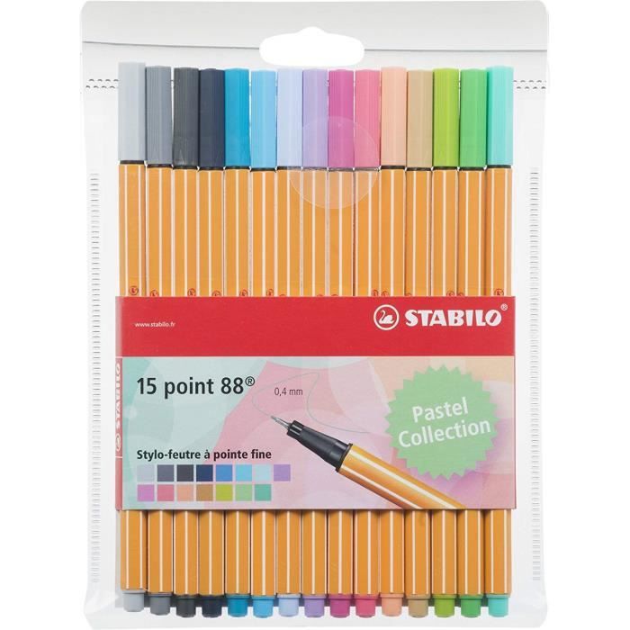 Stylo feutre pointe fine - STABILO Point 88 - Pochette 15 stylos