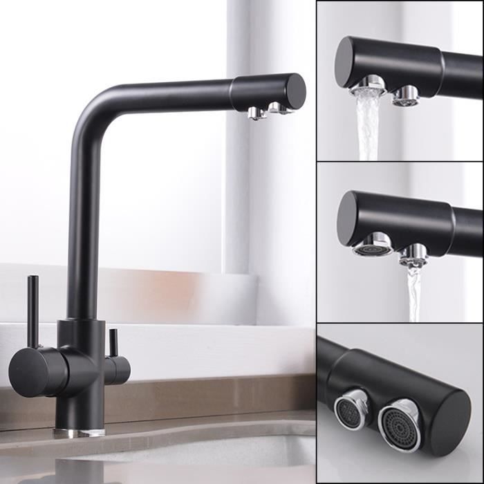 Robinet de cuisine - Le noir - Filtration deau - Rotation 360° - Laiton brossé - Économie deau