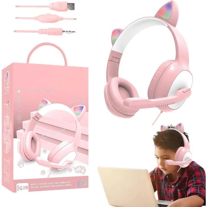 Casque Gaming Rose Oreilles De Chat - Son Surround 7.1, LED RGB, Micro Rétractable, Réduction Bruit