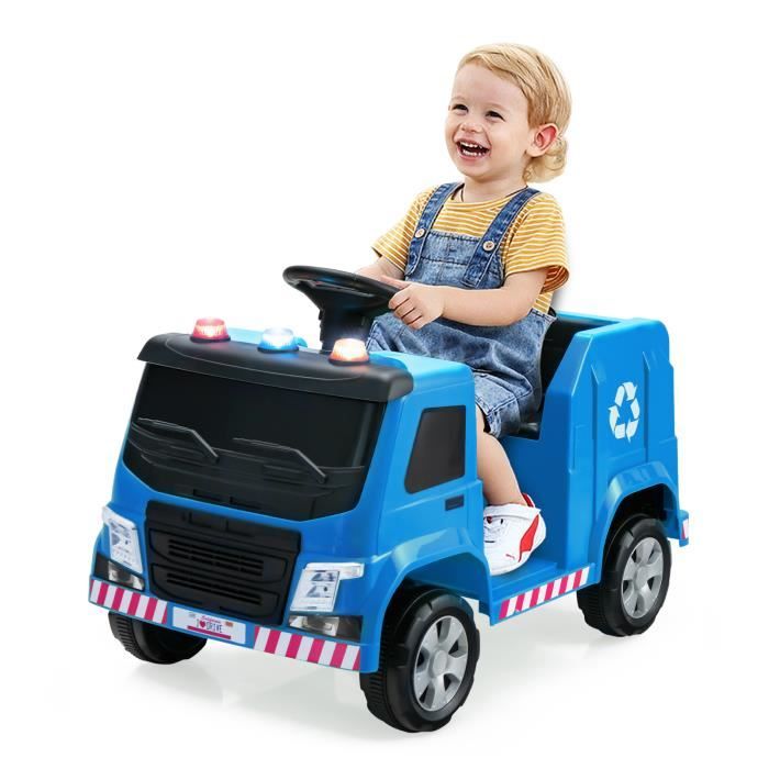 costway voiture électrique 12v de poubelle pour enfants 3-8 ans, 6 accessoires de recyclage, voyants klaxon, musique, bleu