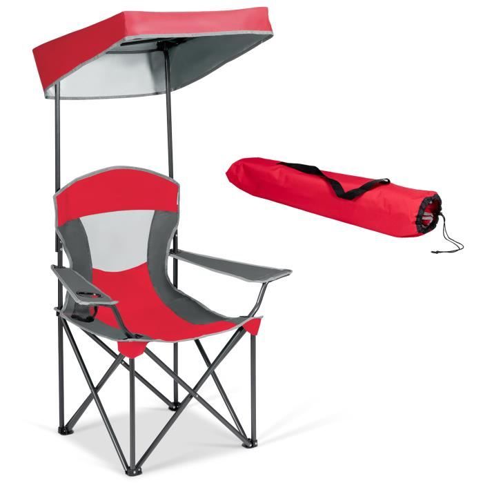 DREAMADE Chaise de Camping Pliante Portable, Fauteuil de Pêche Pliable avec Pare-Soleil et Porte-gobelets & Sac de Transport, Rouge