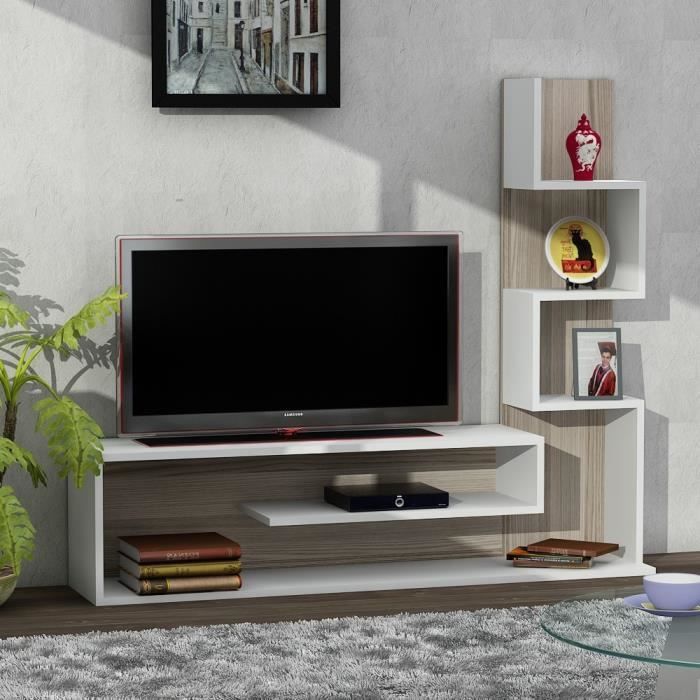 meuble tv - emob - wooden art - blanc/brun - 100% mélaminé - 149x22x120 cm