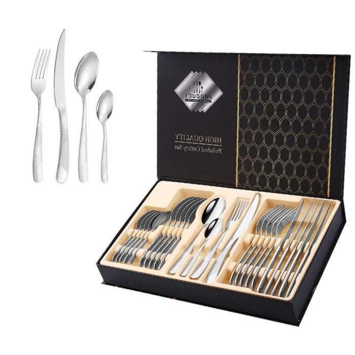 Ménagère 24 pièces Argenté avez boîte-cadeau Ensemble de Couverts pour 6 Personnes