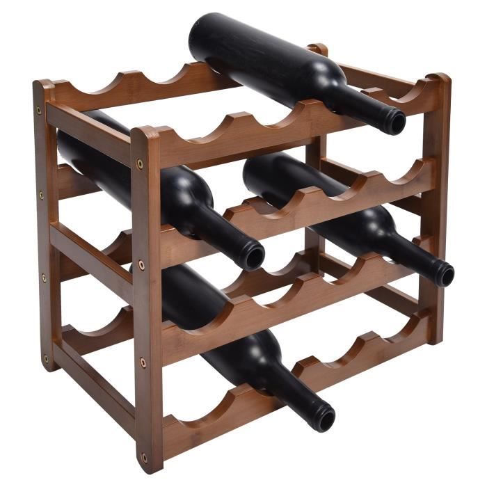 VASMIA Étagère à Vin En Bambou - Support 12 Bouteilles 3 Niveaux Noir - Meuble De Rangement Cuisine