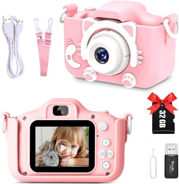 Kriogor Appareil photo numérique et caméscope pour enfants avec écran de 2 rose selfie Premier appareil photo pour garçons et filles de 3 ans carte TF 32 Go 8 mégapixels