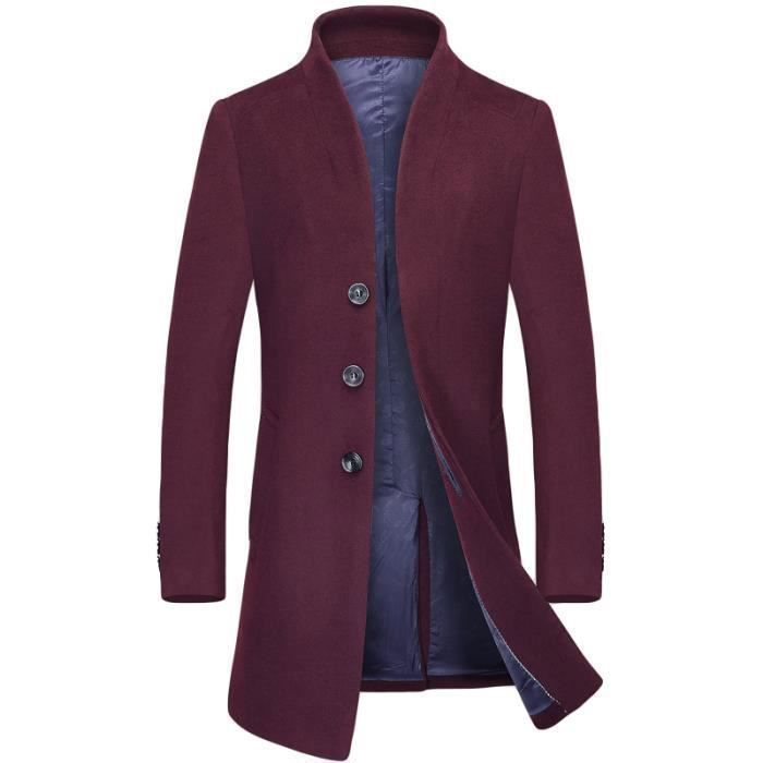 Manteau Hiver Homme Slim Fit Col Montant Casual Mi Longue Pardessus Mode Trench Coat pour Masculin Bordeaux