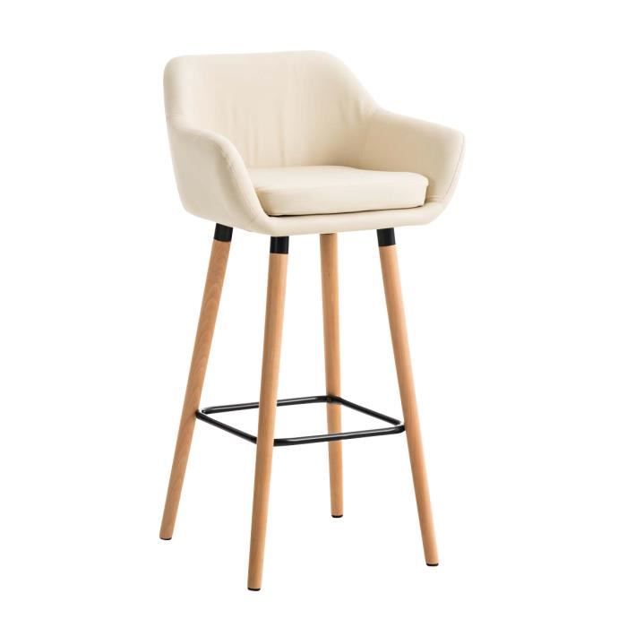 Tabouret de bar - CLP - Grant - Similicuir Crème - Pieds en Bois - Repose-pieds Métal