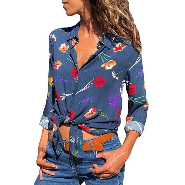 Chemise Manche Longue Femme Tunique Boutons Tee Shirt à Floral Blouse pour Femmes Top