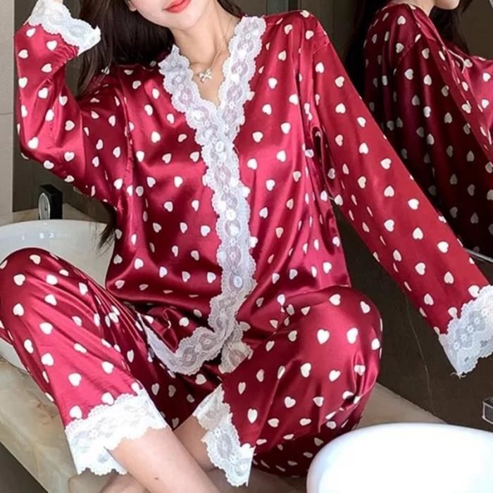 Pyjama en soie femme,Pyjama d'été en Satin à manches longues pour ...