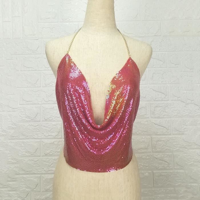 Top Femme Paillettes Col V - Débardeur Brillant Pour Soirée, Bretelles Fines, Couleur Turquoise