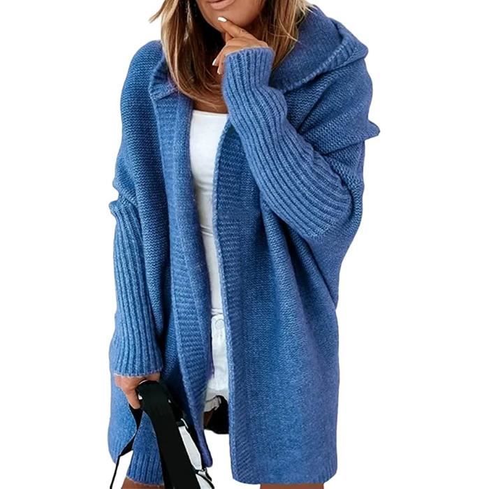 Gilet Femme Hiver Cardigan Long Tricot Veste Ouvert Epais Manches Longues ZHUODIKE Bleu Col capuche