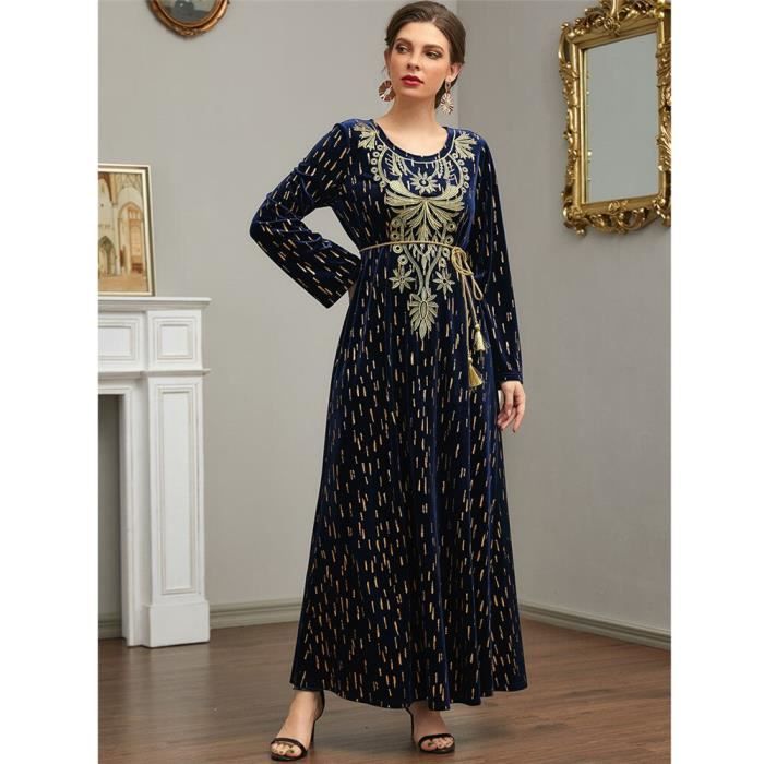 Robe De Soirée Musulmane Femme Style Dubaï - Caftan Long Brodé - Tenue Marocaine/Turque - Mariage, Cérémonie - Noir 2 Pièces
