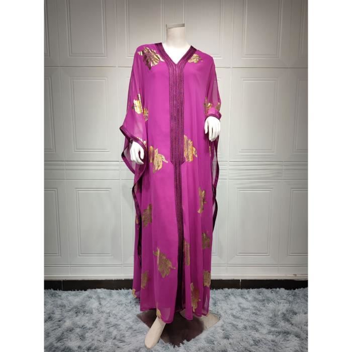 Manches chauve souris Abaya dubai Robe musulmane femmes en mousseline de soie estampage Islam marocain Caftan double arabe Jalabiya Violet Cdiscount Pret a Porter