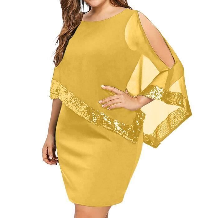 Robe Femmes Grande Taille Epaule Froide Superposition Asymetrique En Mousseline De Soie Sans Bretelles Paillettes jaune Jaune Cdiscount Pret a Porter