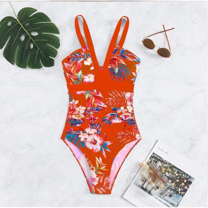 Maillot de bain Femme 1 pièce Stretch à Bretelle Col V Sans manche Natation Plage Imprimé Orange