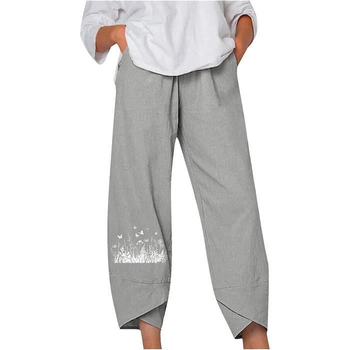 Pantalon Femme été Joligiao - Coton-lin Fluide, Taille Haute élastique - Large, Léger, Poches - Pour Casual, Sport, Plage