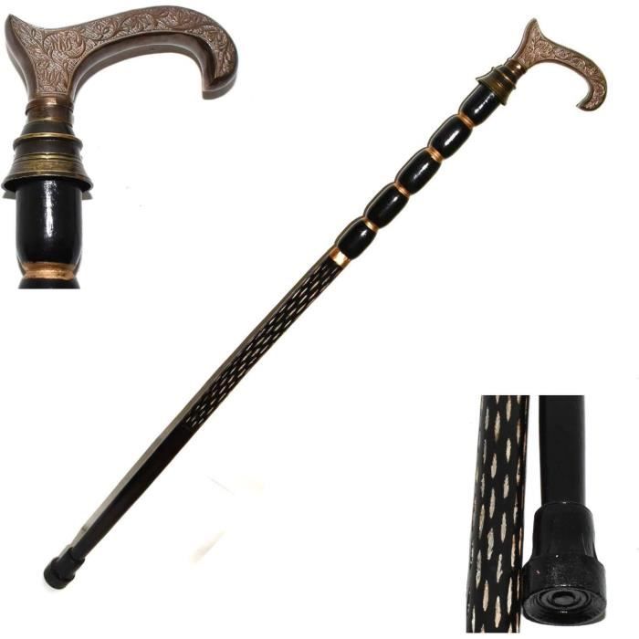 Canne De Marche Homme – Tête De Loup Laiton Brillant – Bois Noir – Reproduction Victorienne