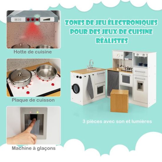 DREAMADE Cuisine En Bois Pour Enfants – Jouet Avec Micro-ondes, Four, évier, Lumières Et Sons – Idéal Pour Les 3+ Ans – Blanc