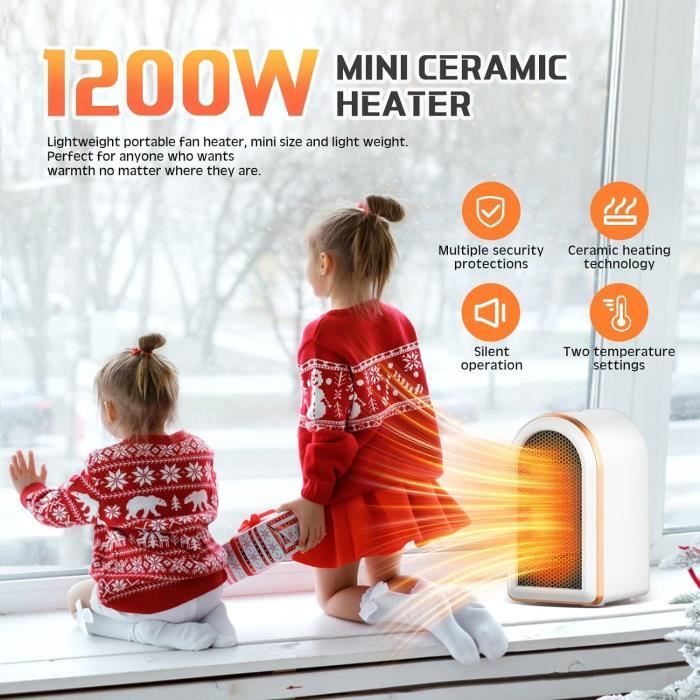 Chauffage d'appoint électrique, radiateur soufflant céramique PTC 1200 W  avec Thermostat, 2 réglages de température