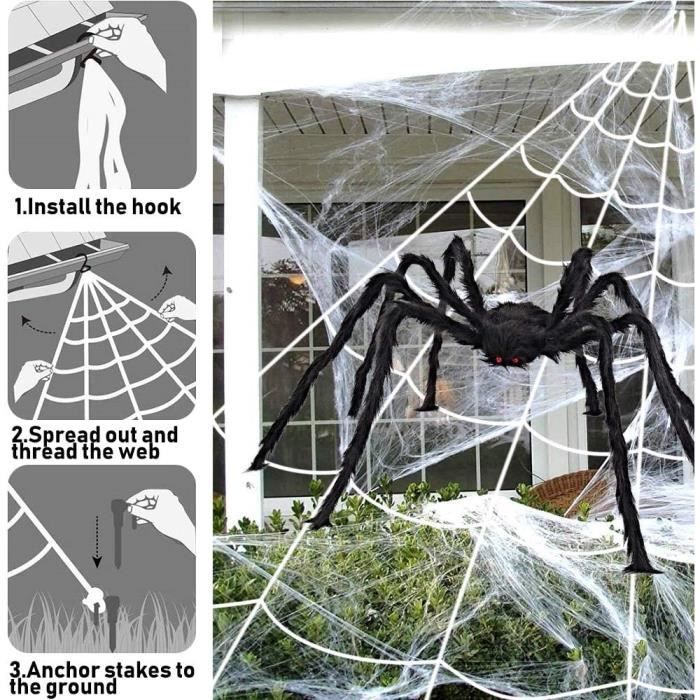BOOSHMall Halloween Decoration Araignée, 125cm Araignee Geante Noir Realiste + 5M Ensemble Toile D'araignée Extensible Triangulaire, Pour Jardin Cour Maison Hantée Les Décorations Halloween