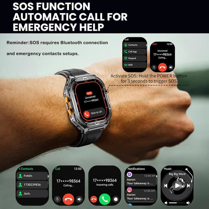 Montre Connectée Homme Avec Appels Bluetooth, 400 Mah Smartwatch Homme Militaire 2 Bracelets