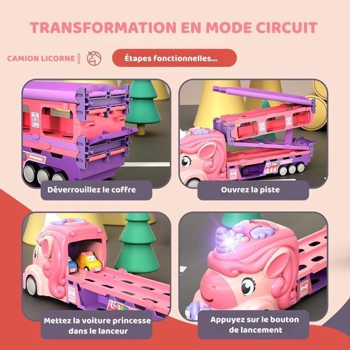 Jouet Camion Princesse Déformable 6 En 1 - Voiture Piste Avec Sons Et Lumières - Cadeau Fille Garçon 2-4 Ans - Rose