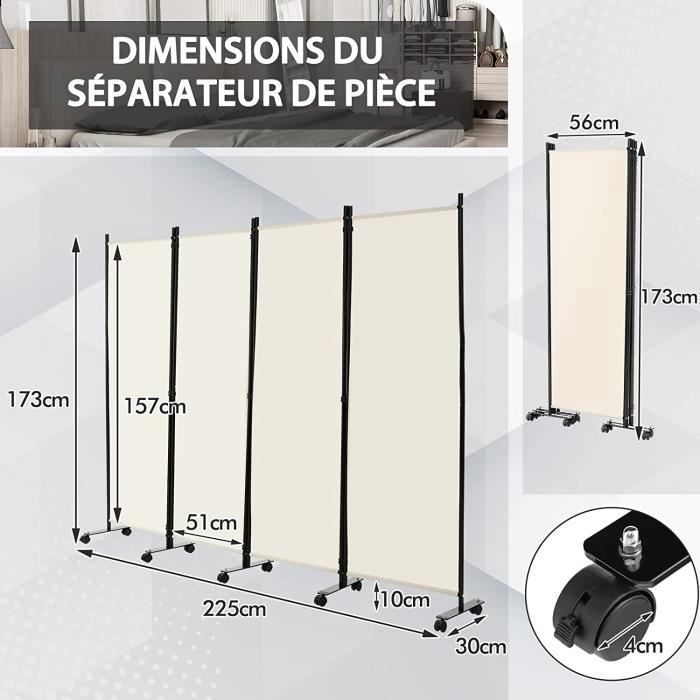 Paravent à Roulettes 4 Panneaux Pliable Brise-vue Cloison de Séparation Pièce sur Pied Protéger Privée 225 x 30 x 173 CM 4 Couleurs au Choix