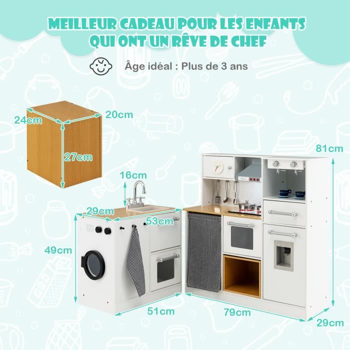 Cuisine En Bois Enfant DREAMADE – Lumière & Sons, Évier, Four, Ustensiles, Tablier, 3+ Ans (Blanc)