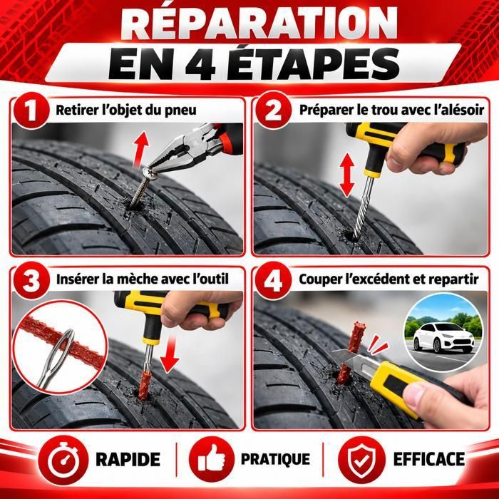 Kit Réparation Pneu Tubeless Voiture/Moto - Plugs Et Outils Pour Crevaison Urgence - Accessoire Auto