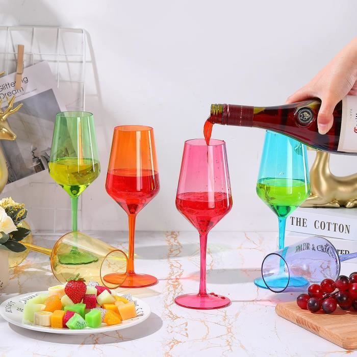 Lot de 12 verres à vin à pied en plastique coloré - Verres à pied